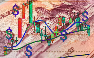 Obraz premium Stock quotes and Fibonacci candles against the background of the Hungarian Forint
