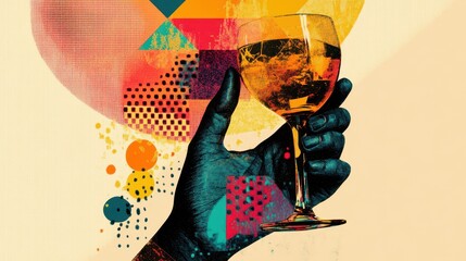 A hand elegantly holding a celebration drink, captured in a modern halftone collage design, blending vibrant colors and geometric patterns.