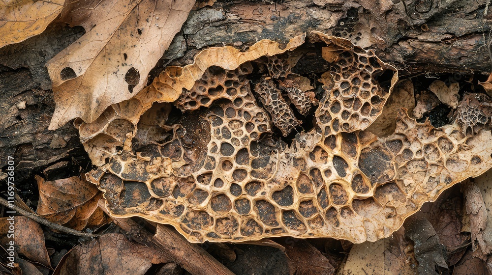 Poster intricate patterns of fungi growing on a forest floor log