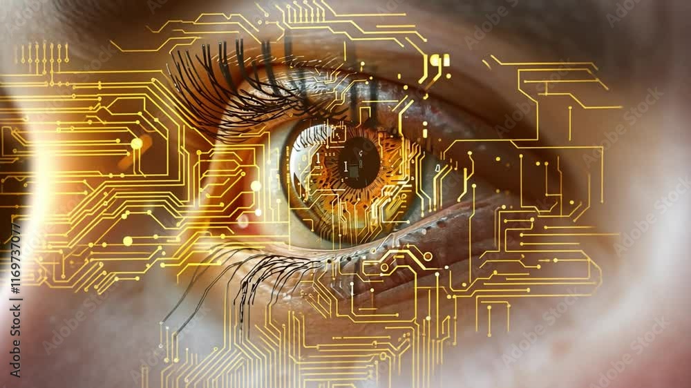 Poster A highly detailed close-up of an eye highlights intricate digital circuitry patterns overlaying the iris.