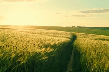 Obraz premium A photo of the rolling hills and fields of green wheat in Eastern Brookfield. The sun is setting, casting long shadows over gently swaying waves of grain. A winding path leads into a hazy horizon