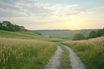 Obraz premium A photo of the rolling hills and fields of green wheat in Eastern Brookfield. The sun is setting, casting long shadows over gently swaying waves of grain. A winding path leads into a hazy horizon