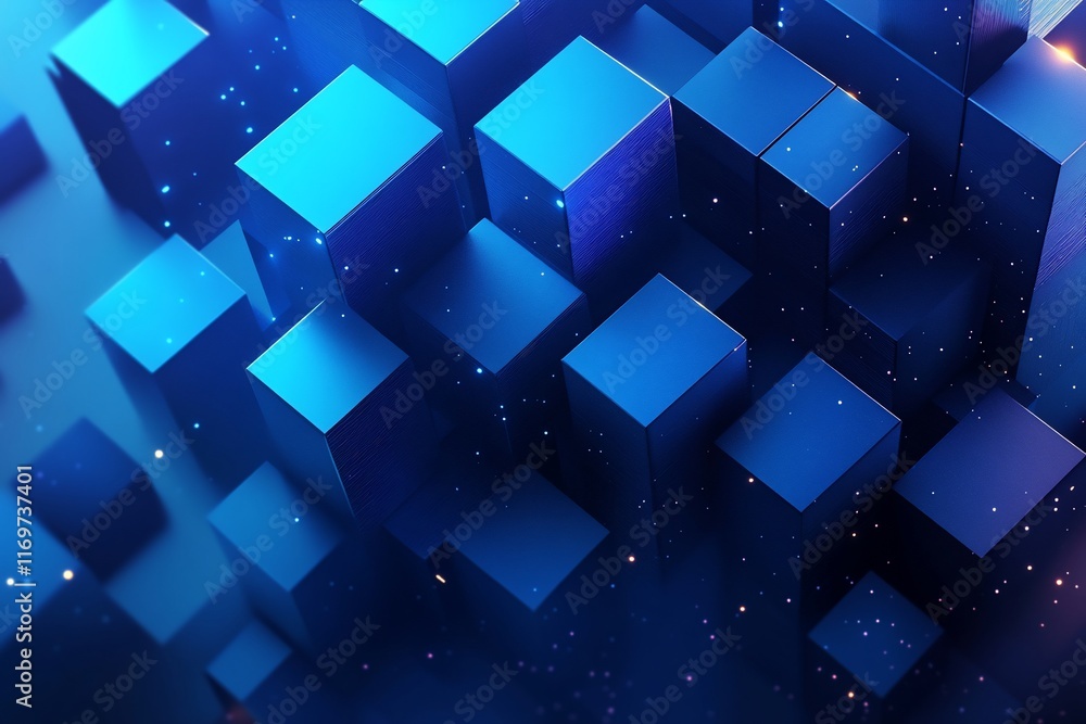 Poster abstract blue cubes background with glowing particles.