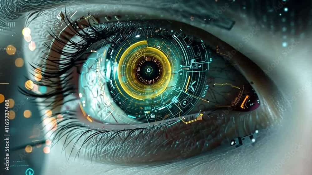 Fototapete A detailed close-up reveals a captivating eye enhanced by futuristic circuit patterns and bright, vivid colors. The design emphasizes advanced technology concepts and innovation.