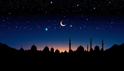 Naklejka premium A serene night sky with a crescent moon and stars, set against silhouettes of mosque domes, symbolizing the spiritual ambiance of Ramadan. with a gradient background that transitions from blue 