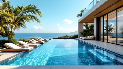 From a wide-angle view on a sunny day, luxury modern white beach hotel with a panoramic sea view and a sparkling swimming pool offers a serene and opulent setting, with sunbeds on sundeck providing
