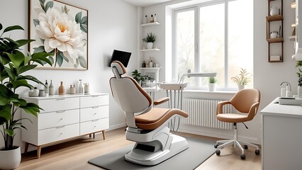 A modern clinic's interior features a doctor's office with a contemporary workplace setup