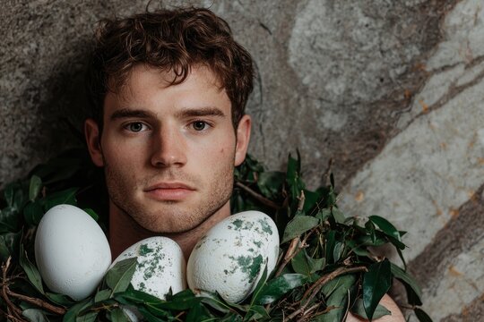 Young man with eggs and nest - Powered by Adobe