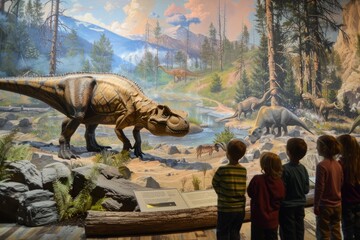 A group of children are looking at a dinosaur exhibit