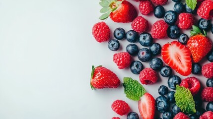 Fresh raspberries, strawberries, blueberries & mint on white background.