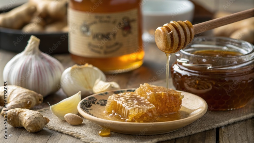 Poster a captivating macro shot features the honey jars label blurred in the background emphasizing the gli