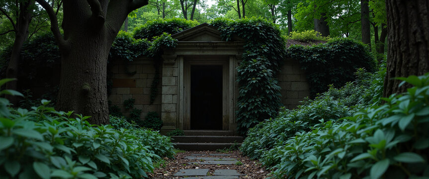 Overgrown crypt entrance in serene cemetery, nature's embrace