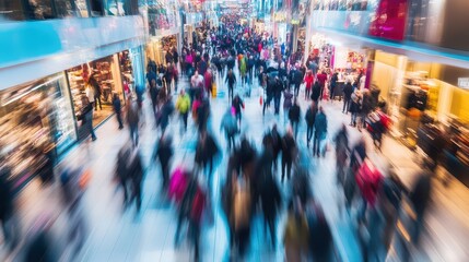 A high-energy scene of shoppers rushing and competing for discounted products during Black Friday sales.