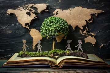A book is open to a page with a tree and people on it