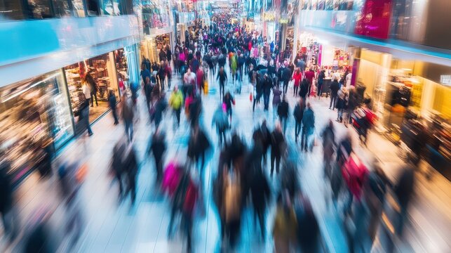 A high-energy scene of shoppers rushing and competing for discounted products during Black Friday sales.