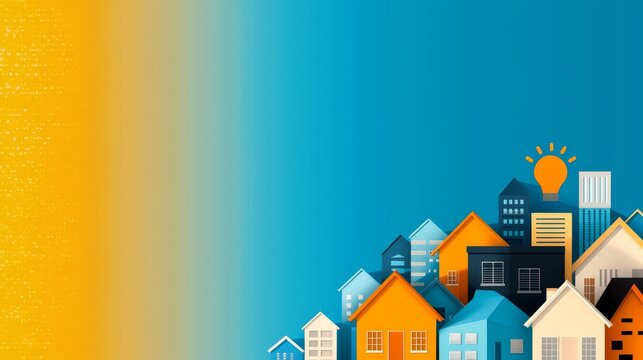 Affordable Housing Initiatives in Urban Development with Colorful Housing Illustrations and Bright Background