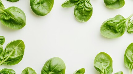 Obraz premium Fresh spinach leaves arranged in a frame on white background.
