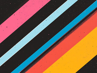 Vibrant diagonal stripes in pink, blue, orange, and red against a dark background. A bold and colorful abstract design.