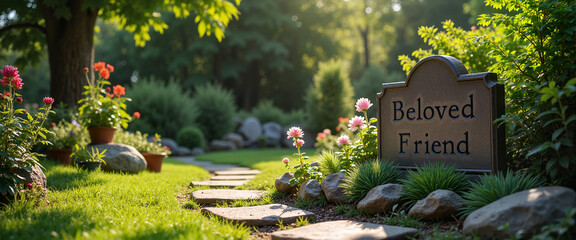 Serene memorial garden with plaque "Beloved Friend," remembrance