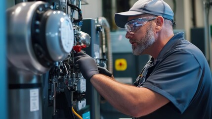 A technician examining a complex piece of machinery with an AR interface overlay providing detailed schematics and maintenance instructions visible alongside the equipment.