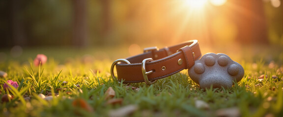 Symbolic pet memorial with collar and paw stone in soft light, remembrance