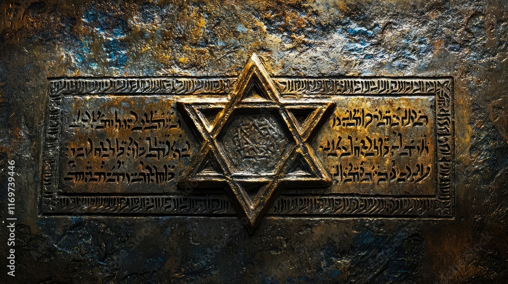Poster intricate star symbol with ancient script on aged metallic background