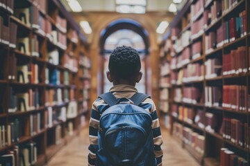 Fototapeta premium A young boy with a backpack is standing in a library