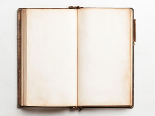Open antique book with blank pages. Aged, creamy-toned paper, showing signs of time and use, against a bright background. Ready for your text or image.