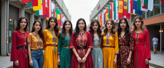 Naklejka premium Diverse women showcasing cultural unity in urban setting, global harmony