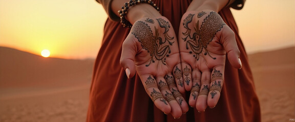 Naklejka premium Intricate henna designs on woman's hands in desert at dusk, cultural expression