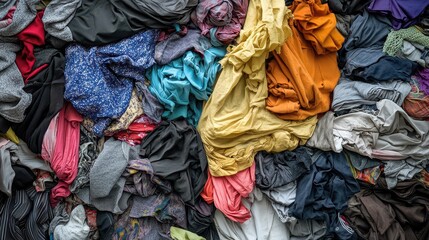 A large heap of worn, discarded clothing and textiles, highlighting issues related to fast fashion and the importance of clothing recycling.