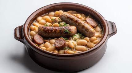 Fototapeta premium Close-up of traditional french cassoulet in rustic ceramic dish