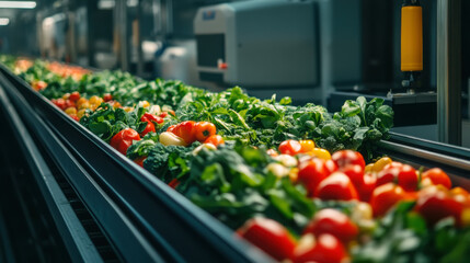 Fresh vegetables on conveyor belt in industrial processing facility