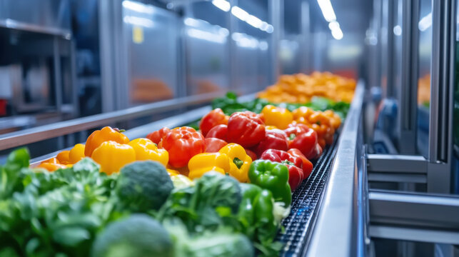 Fresh vegetables on conveyor belt in food processing facility