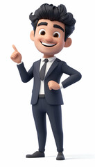 Smiling 3D cartoon businessman pointing enthusiastically in a chosen direction