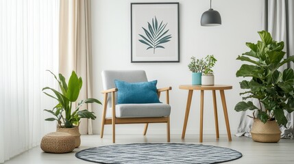 A light and airy home living room interior featuring a comfortable armchair and a dining table, complemented by a mockup frame on the wall.