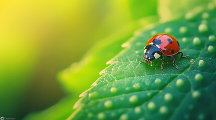 Fototapeta premium Close up of ladybug crawling on vibrant green leaf in nature
