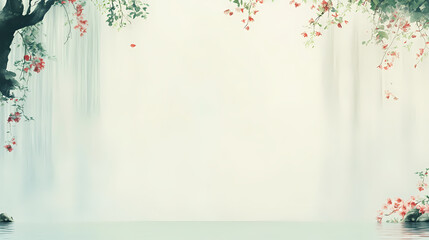 Serene watercolor-style artwork depicting a tranquil waterfall scene framed by delicate blossoms.  A peaceful, minimalist aesthetic.