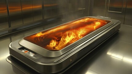 Futuristic cremation device with body engulfed in flames.