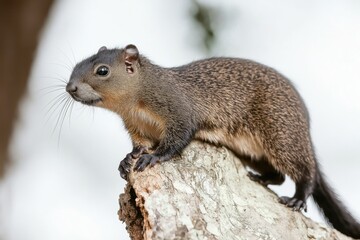 Grey-bellied squirrel perched on tree trunk in tropical jungle of Gayabari, India