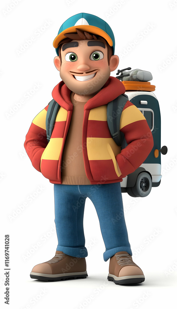 Poster smiling camper in 3d cartoon style, relaxed and adventurous character