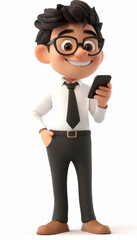 Smiling cartoon 3D businessman chatting on a smartphone, engaging social vibe