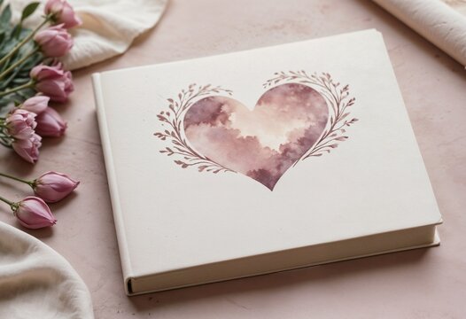 Closed photo album with a watercolor heart design and pink tulips nearby