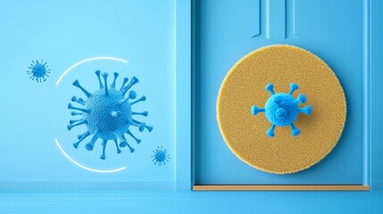 Vibrant Home Entryway Concept with Artistic Blue and Yellow Virus Designs on Door and Wall