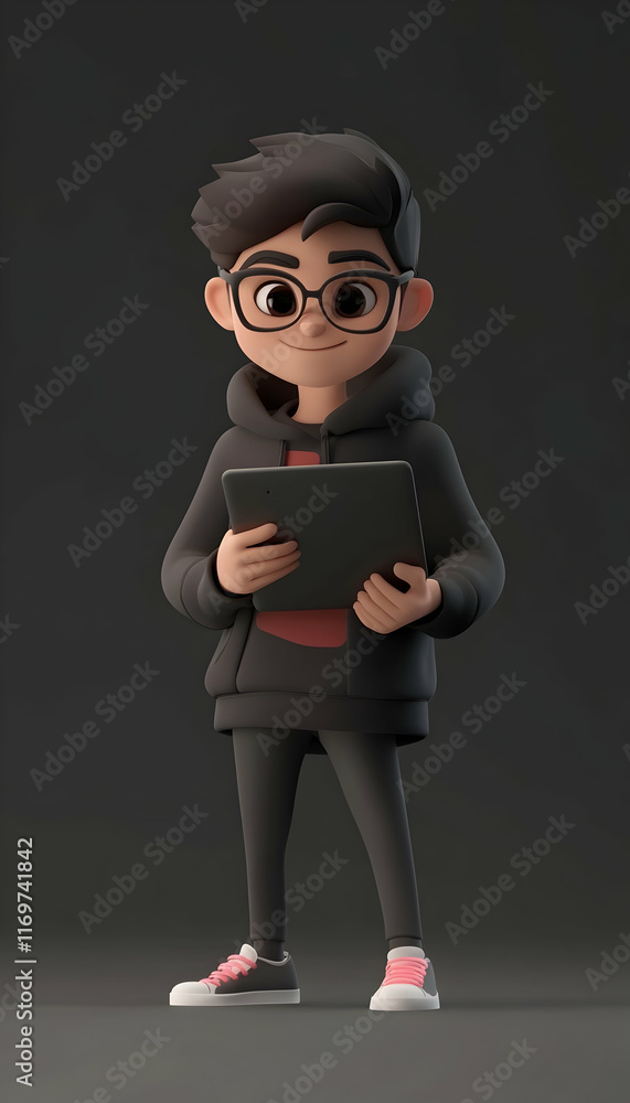 Poster sneaky hacker in 3d cartoon style, mischievous and tech-savvy pose