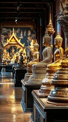 Fototapeta premium Golden Buddha Statues in Serene Display in Ornate Museum Hall