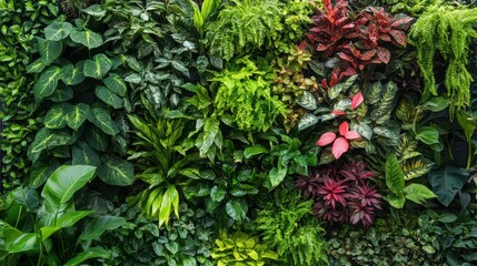 A lush vertical garden featuring a diverse array of tropical green plants, creating a vibrant and refreshing living wall background.