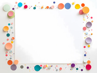 A cheerful, colorful frame of paper confetti circles surrounding a blank white card. Perfect for your message!