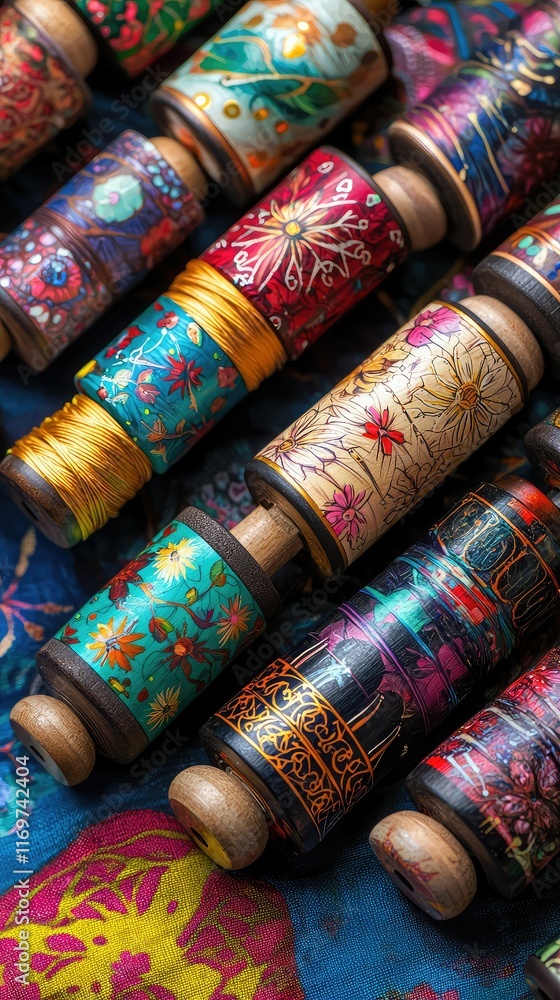 Poster colorful spools of thread with intricate patterns on a vibrant fabric