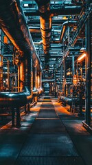 Industrial Pipeline Network with Vibrant Lighting and Structure